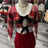 Plaid Sweater with Velvet Bow | Red