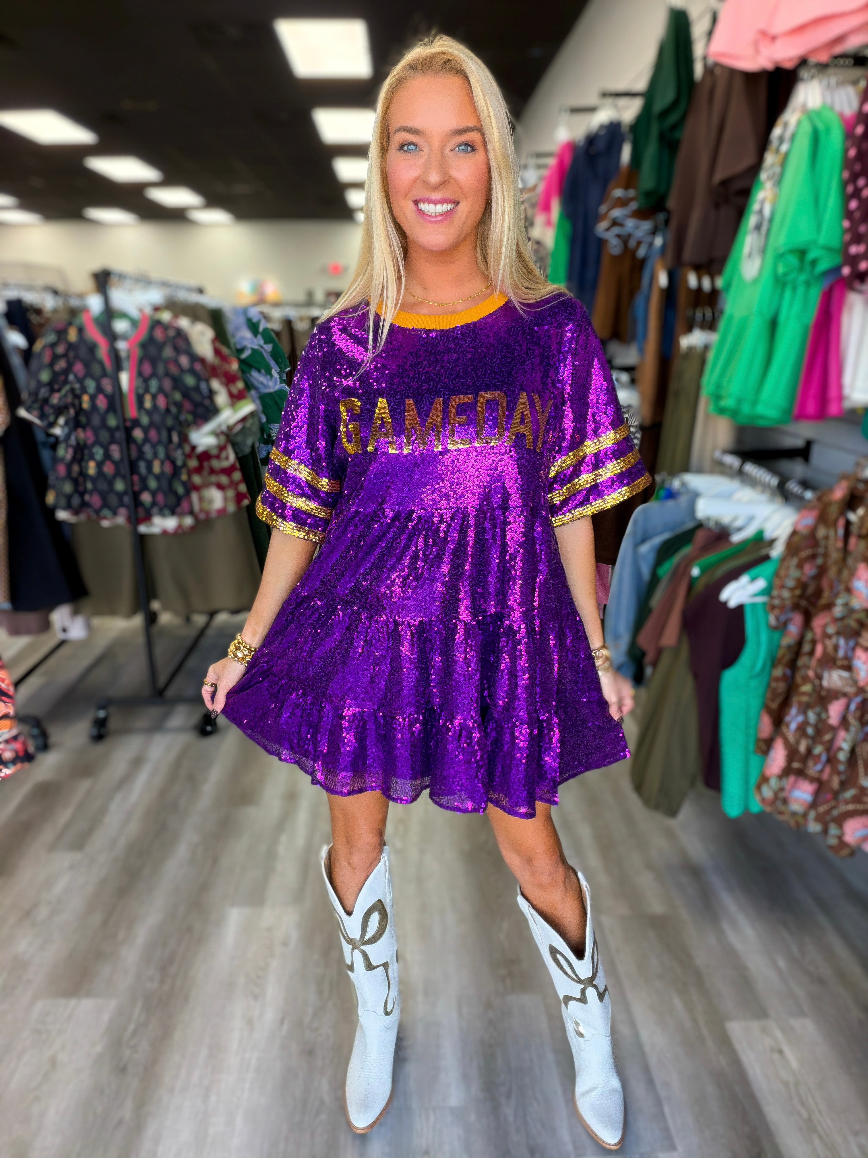 Purple and Gold Sequin Gameday Dress | FINAL SALE
