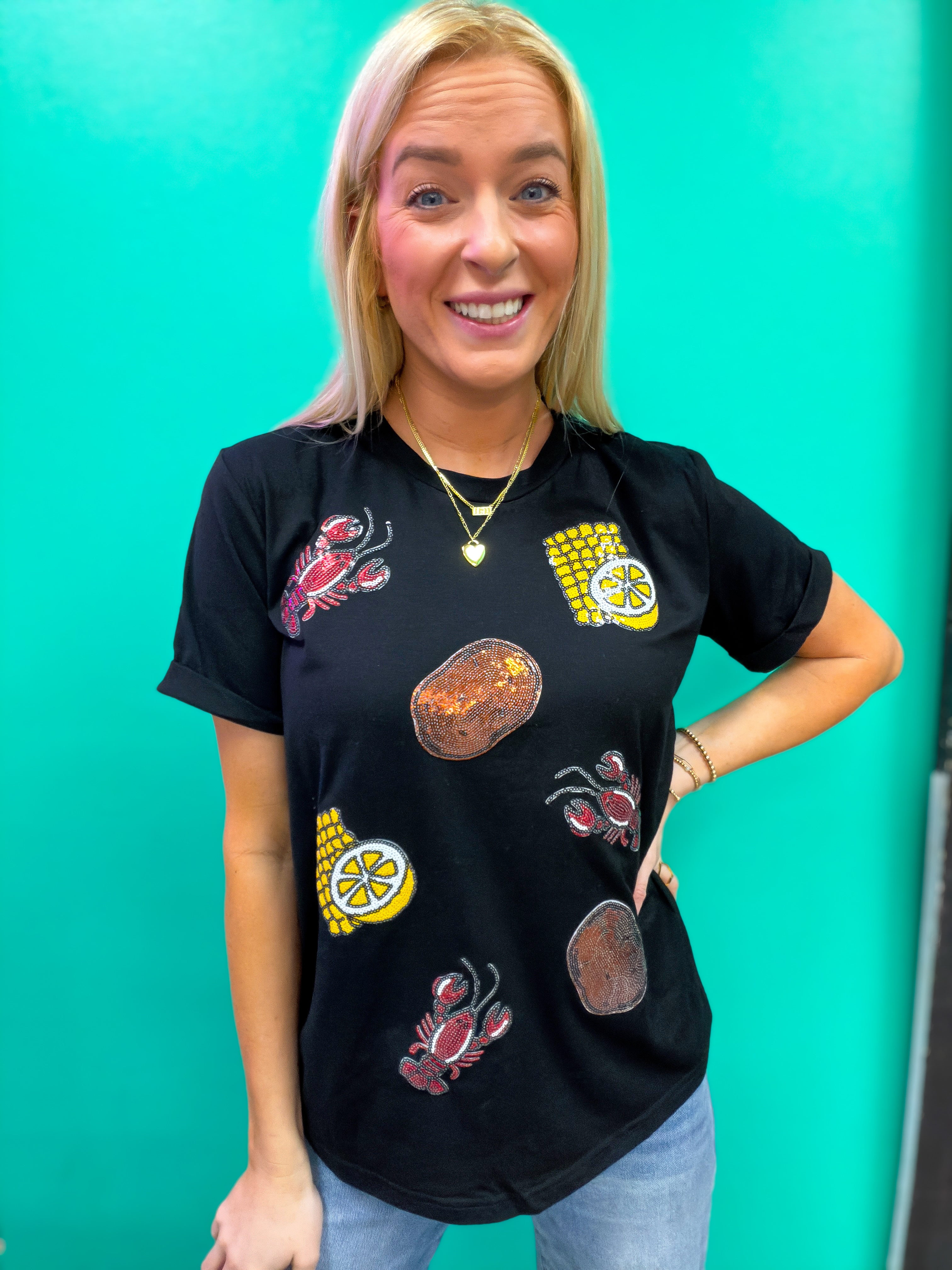 Bayou Bites Sequin Crawfish Potato Lemon Corn Graphic Crewneck T Shirt