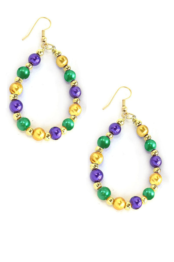 Mardi Gras Pearl Teardrop Gold Hook Earrings