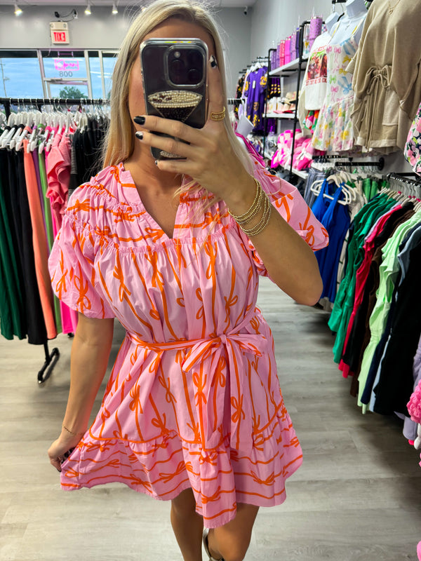 Just The Sweetest Bow Ribbon Dress - Pink and Orange