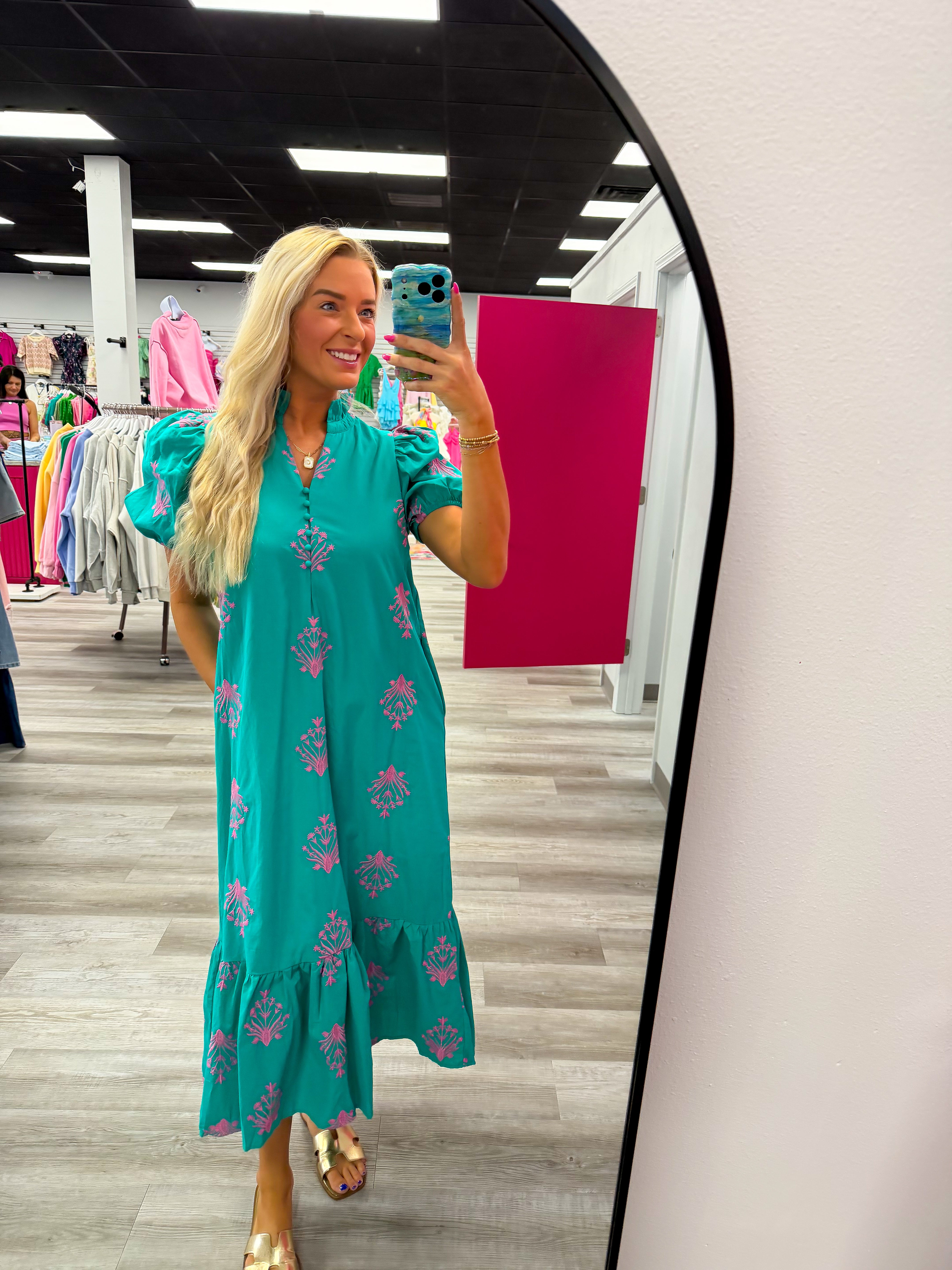 Pretty in Bloom Midi Dress Teal and Pink – Savage Roots Boutique