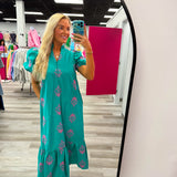 Pretty in Bloom Midi Dress Teal and Pink