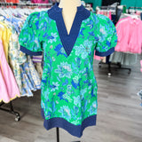Green Blue Bloom Puff Sleeve Dress