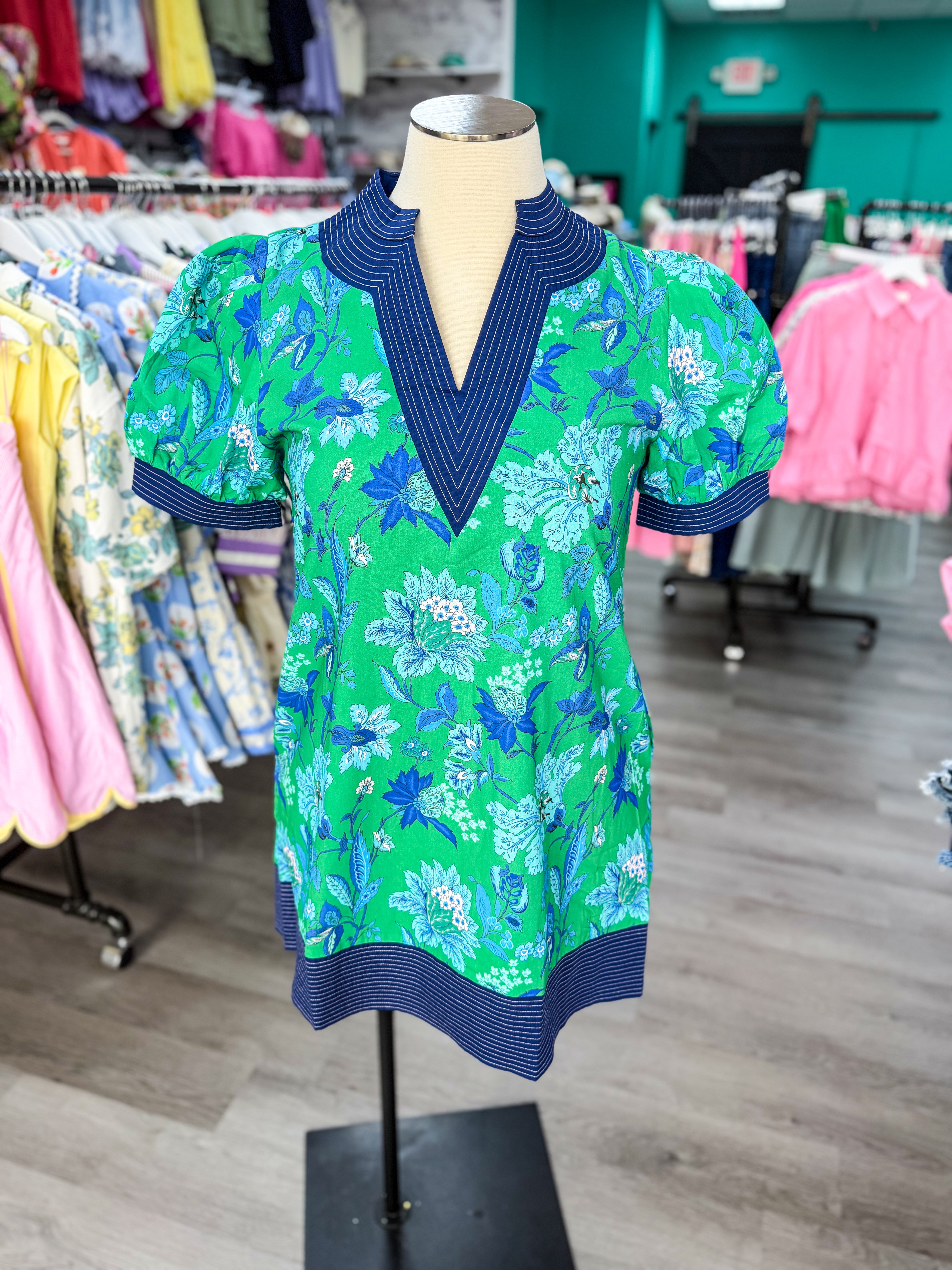 Green Blue Bloom Puff Sleeve Dress