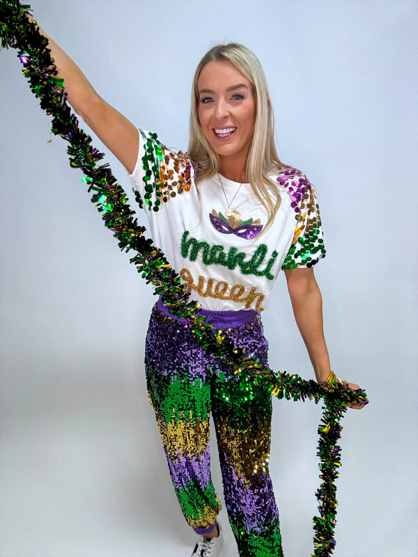 Throw Me Something Mrs. Tinsel Mardi Gras Pullover with Sequins