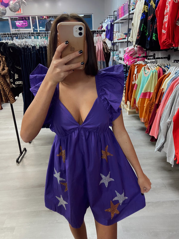 Purple and Gold Multi Color Star Rhinestone Romper