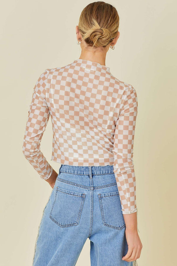 Neutral Mesh Checkered Top