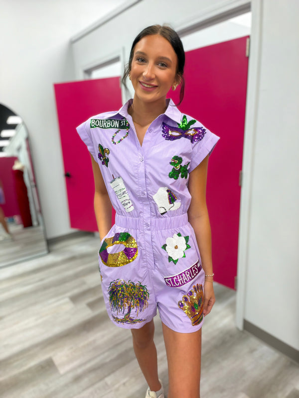 Purple Parade Mardi Gras Sequin Romper