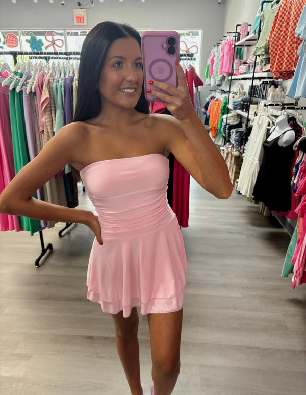 Soft Whispers Strapless Ruched Ruffled Tiered Mini Dress