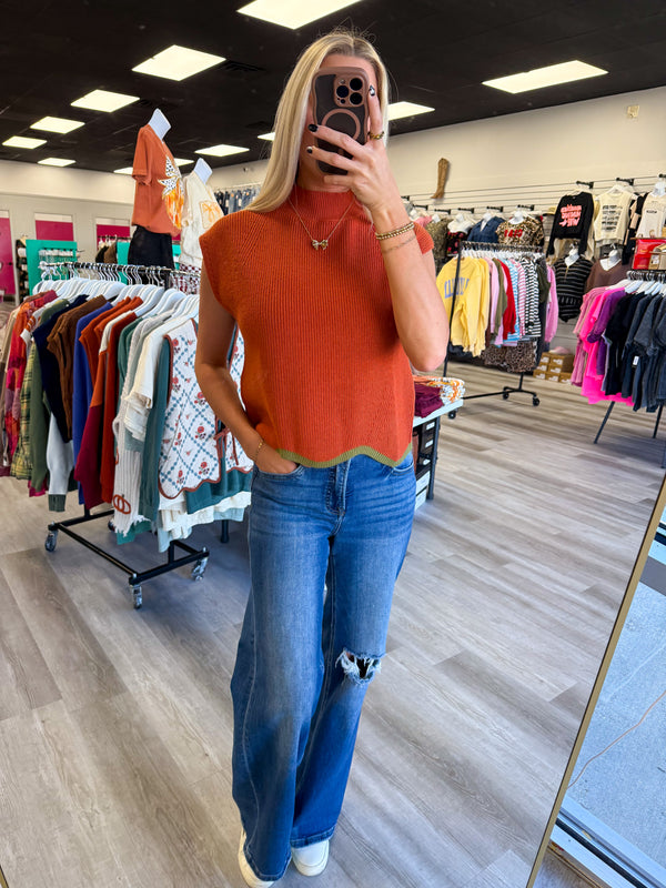 Pumpkin Scallop Contrast Trim Sweater