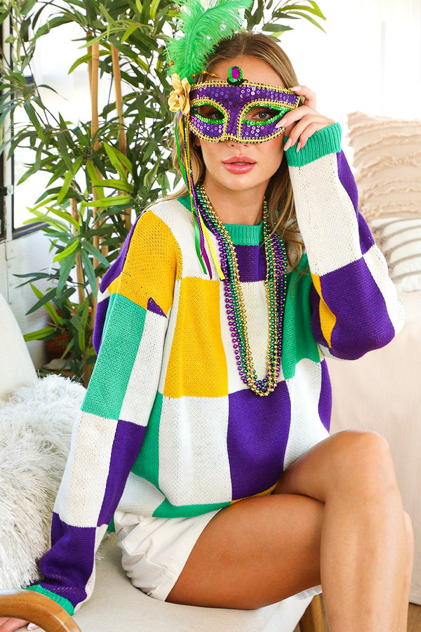 Mardi Gras Checkered Sweater