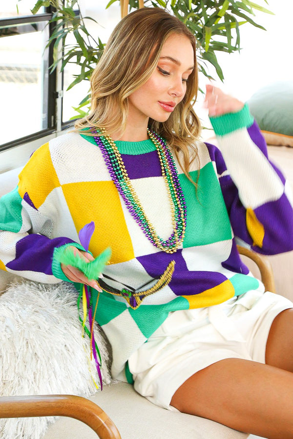 Mardi Gras Checkered Sweater