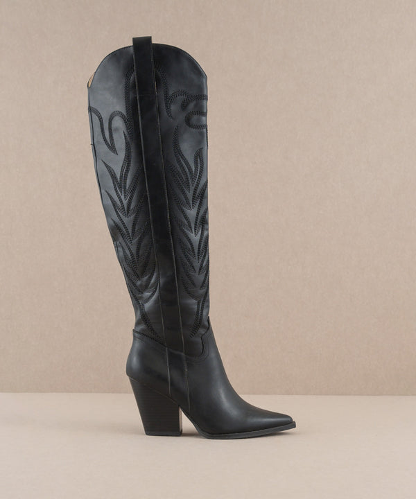 The Midnight Bronco Knee High Embordered Cowgirl Boots Black