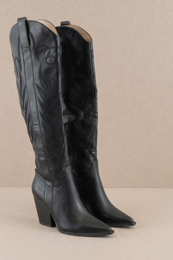 The Midnight Bronco Knee High Embordered Cowgirl Boots Black