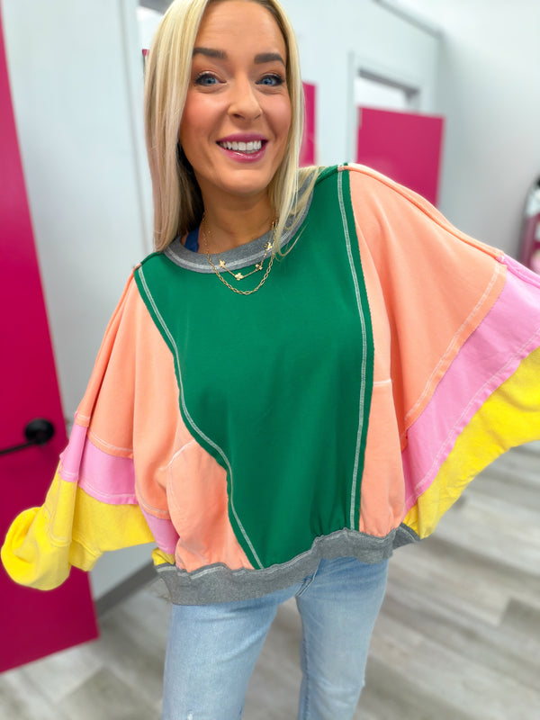 Catching Eyes Bright Colorful Pullover - Jade Pink Grey