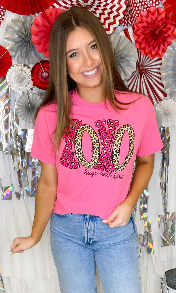 XOXO Hugs and Kisses Neon Pink Valentine Graphic Tee