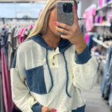 Navy Drawstring Color Contrast Ribbed Top