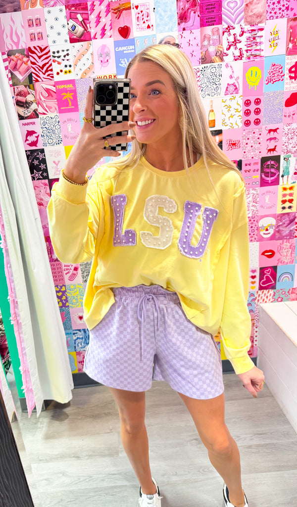 LSU (Licensed) | Women's Distressed Embroidery Pullover