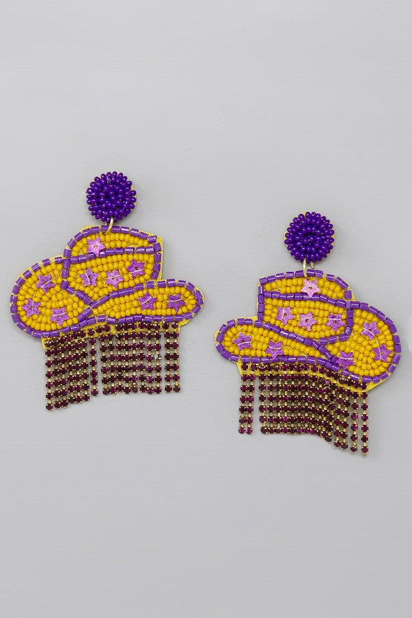 Purple and Gold Cowboy Hat Fringe Earrings