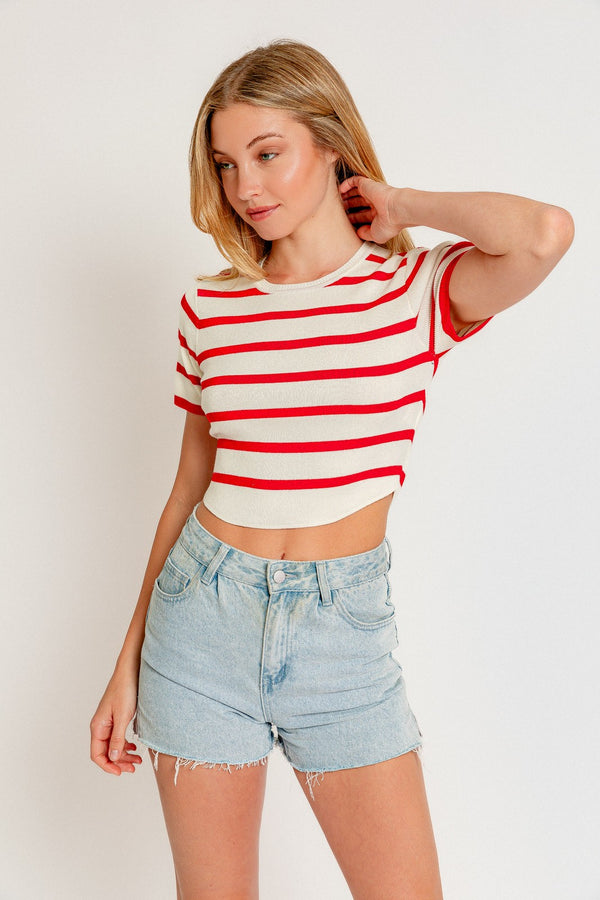White and Red Cropped Top