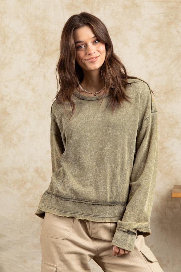 Olive Green Vintage Mineral Washed Solid Casual Knit Top