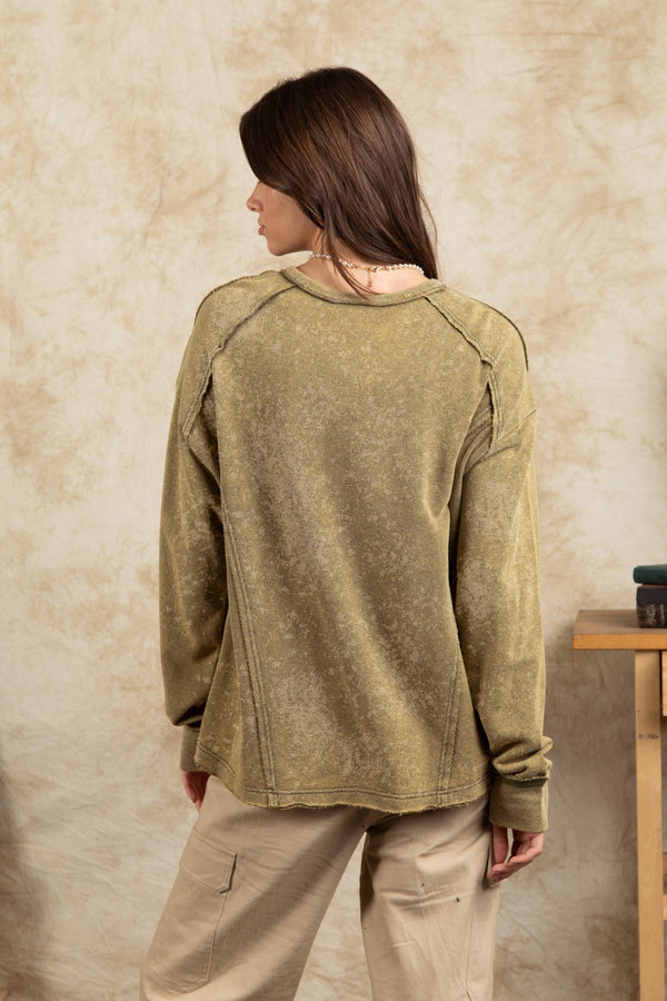 Olive Green Vintage Mineral Washed Solid Casual Knit Top
