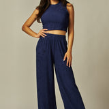 Take Me There Crinkle Textured Cropped Top 2pc Loungewear Set