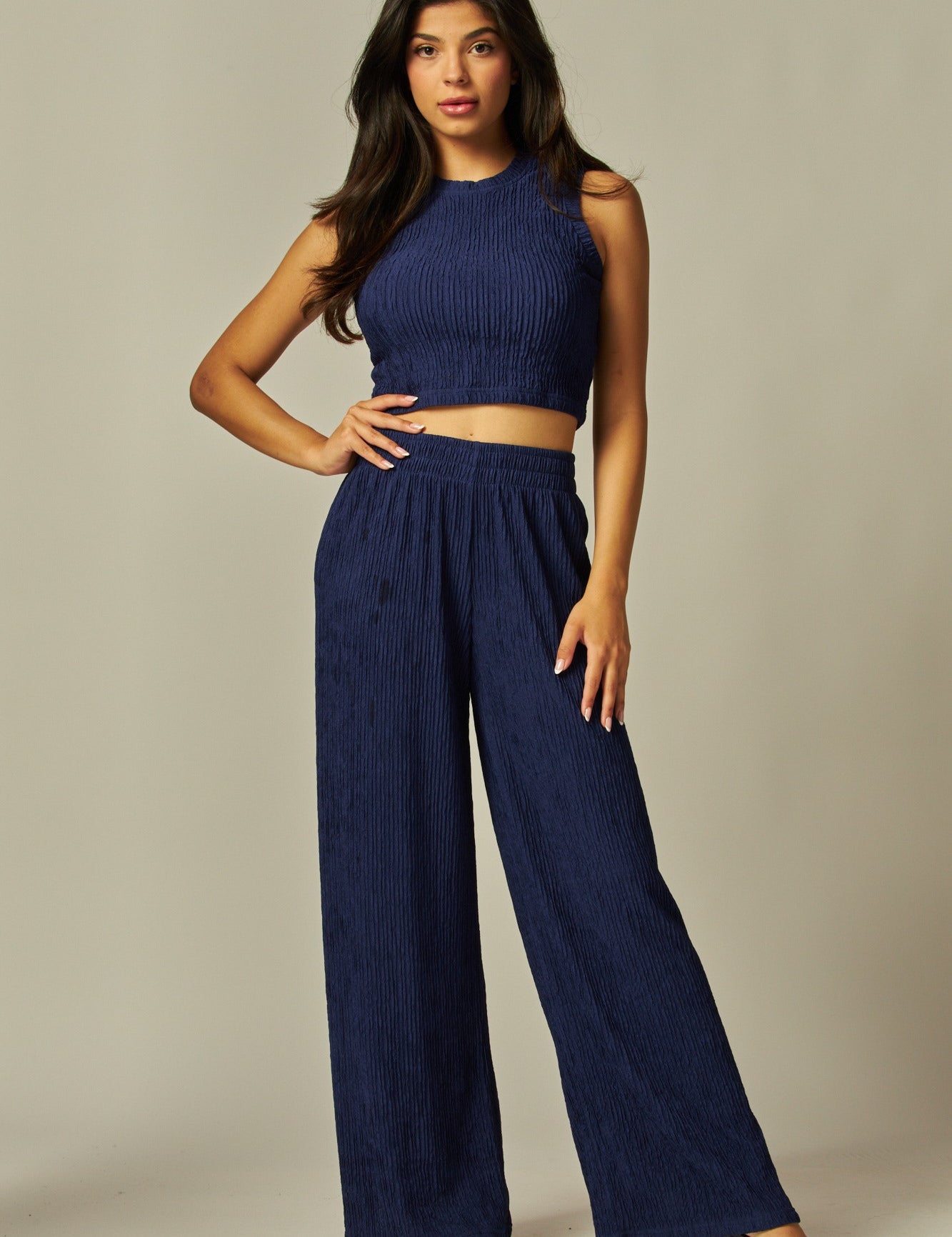 Take Me There Crinkle Textured Cropped Top 2pc Loungewear Set