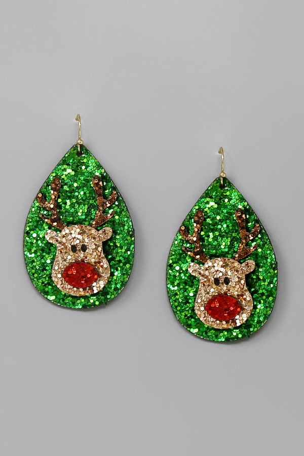 Glittered Christmas Rudolf Dangle Earrings