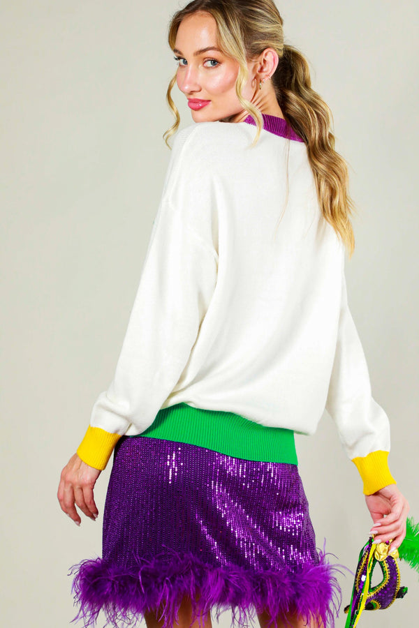 Mardi Gras State of Mind Sweater - White