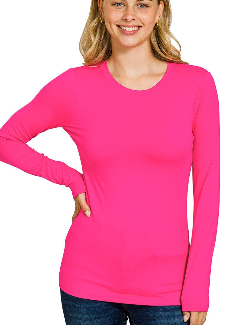 Brushed Microfiber Long Sleeve Round Neck Tee