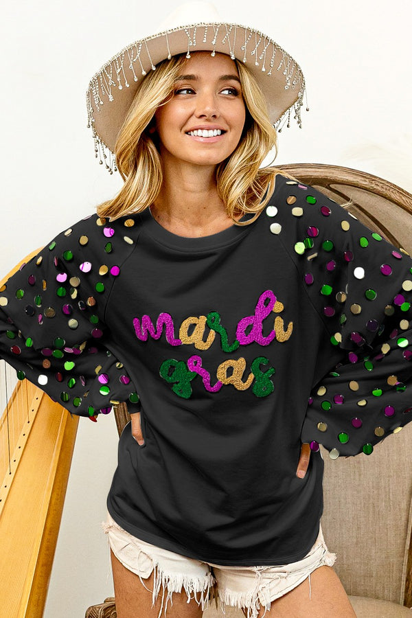 Mardi Gras Long Sleeve Sequin Black Sweater