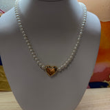 Cream Pearl Ball Linked Heart Pendant Necklace