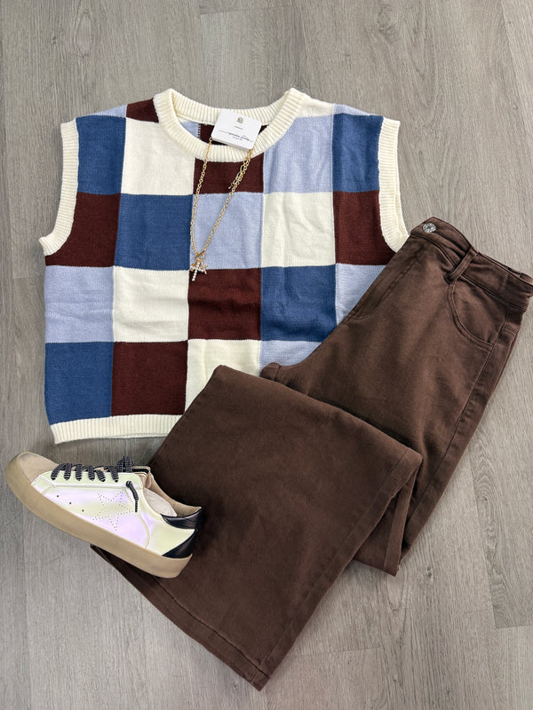 Check It Out Checkered Sweater | Dark Blue Brown Mix