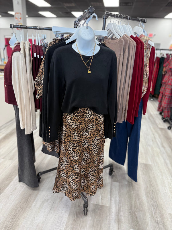 Solid Long Sleeve Sweater With Gold Button | Black