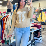 Bow Applique Scallop Hem Sweater