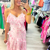 Pink Rose Bow Ruffle Maxi Dress