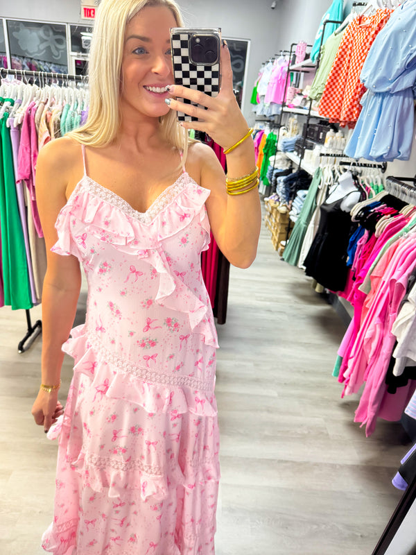 Pink Rose Bow Ruffle Maxi Dress