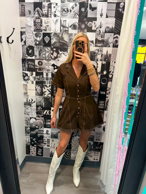Howdy Babe Brown Denim Romper