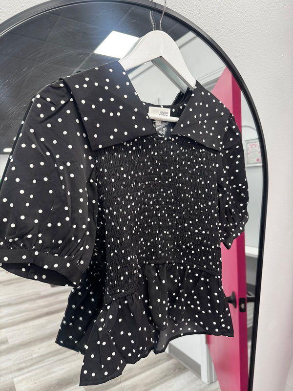 Black and White Polka Dot Collar Top