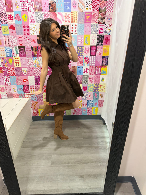 Zip Brown Pleated Mini Dress