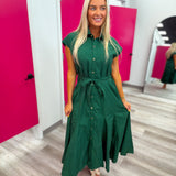 Green Midi with Gold Square Buttons