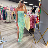 Mint and Blue Floral Slit Maxi