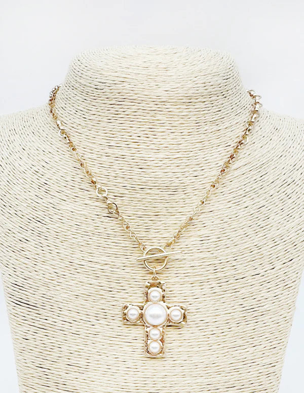 Gold Open Chain with Toggle and Pearl Studded Cross