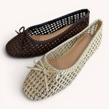 Woven Lattice Ballet Flats with Ribbon Bow Deta