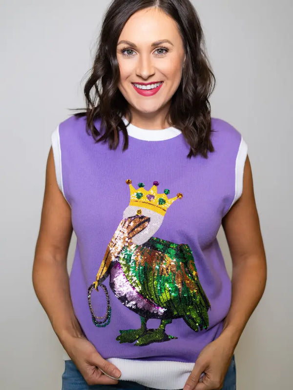Mardi Gras Pelican | Sequin Sleeveless Sweater