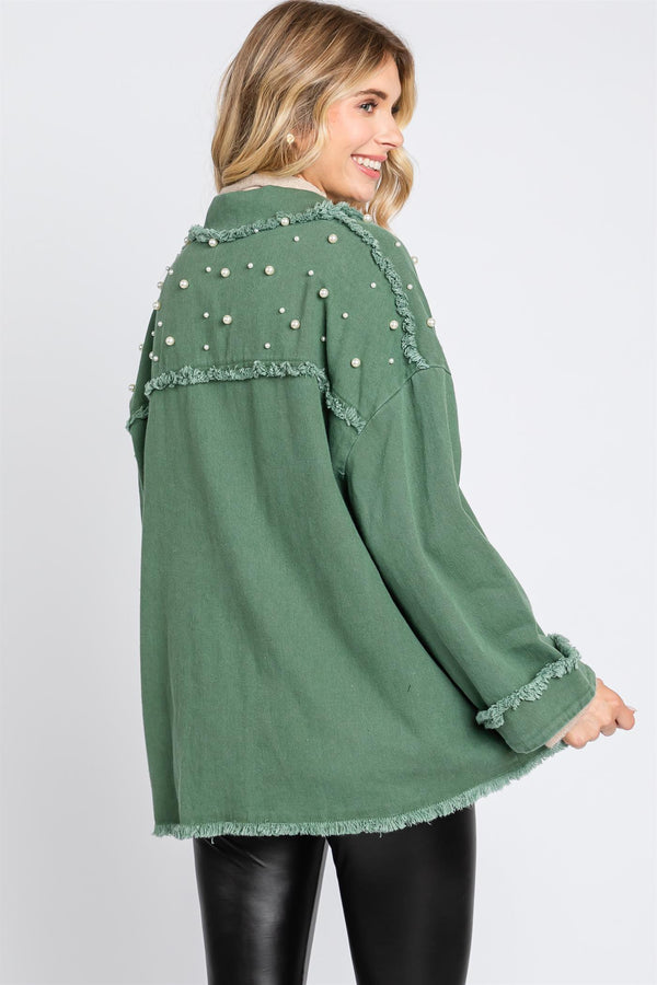 Green Shacket with Pearls