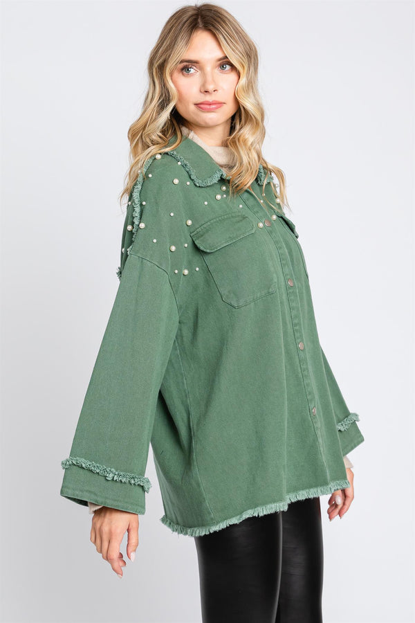 Green Shacket with Pearls