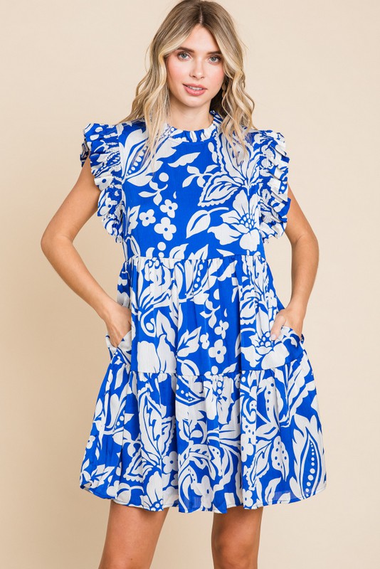 Floral Blue White Print Dress with Pockets